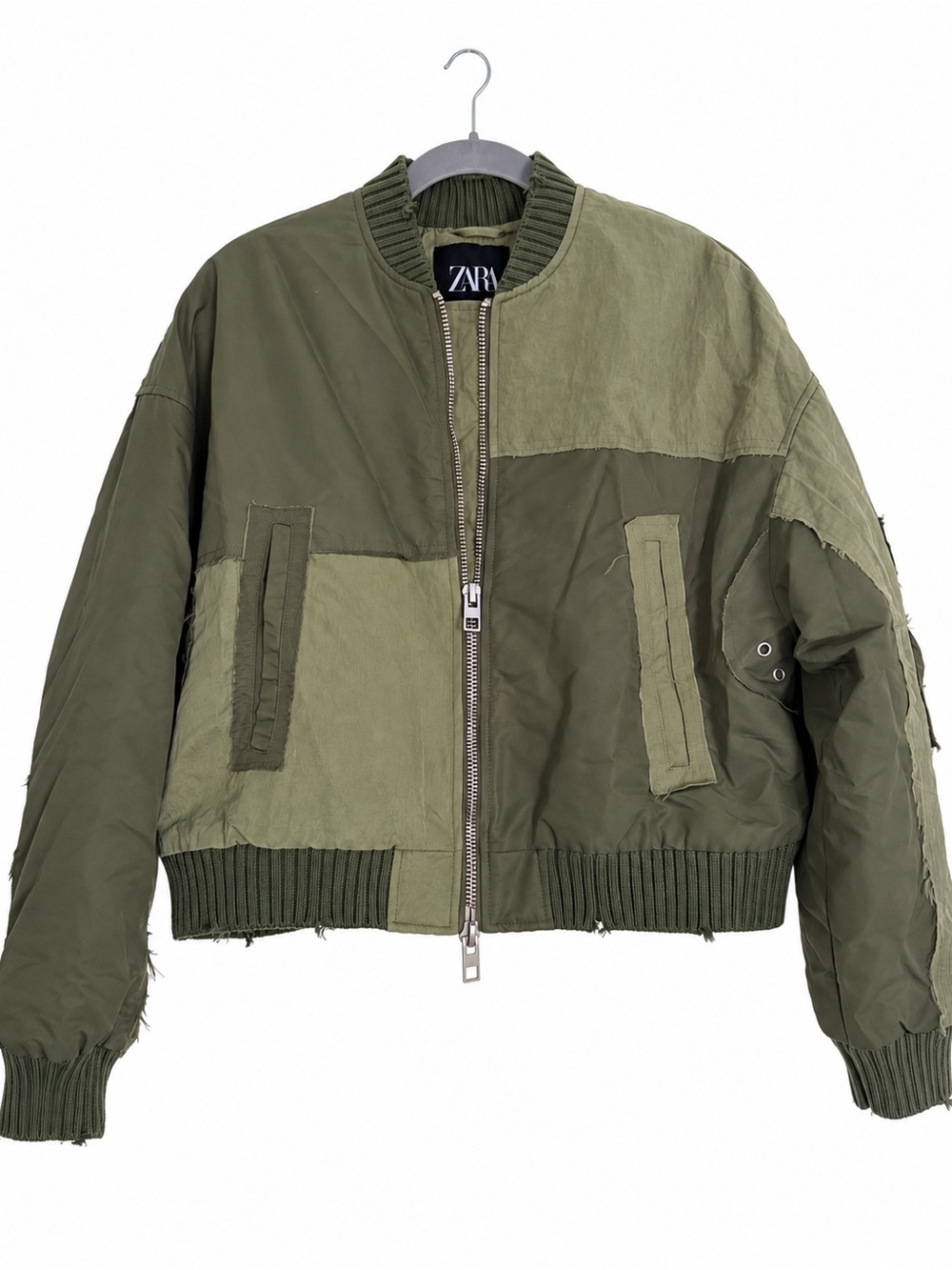 Zara Olive Green Patchwork Bomber Jacket